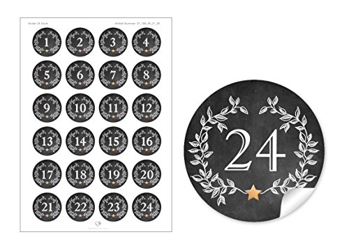 24 DIY Adventskalenderzahlen SCHWARZ Kranz Vintage für einen DIY Adventskalender Papiertüten zum selber basteln 1 – 24 Format 4 cm, rund, matt von fioniony