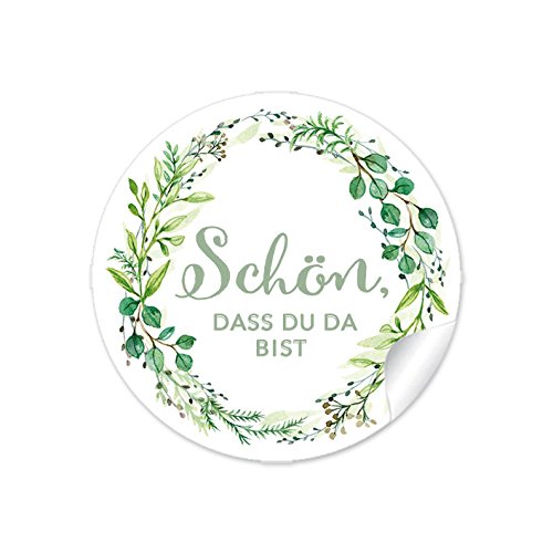 24 STICKER Aufkleber Schön, dass du da bist Eukalyptus Zweige Kranz grün für Gastgeschenke, Hochzeit, Hochzeitsmarmelade, Tischdeko, Selbstgemachtes, 4cm, rund, matt von fioniony