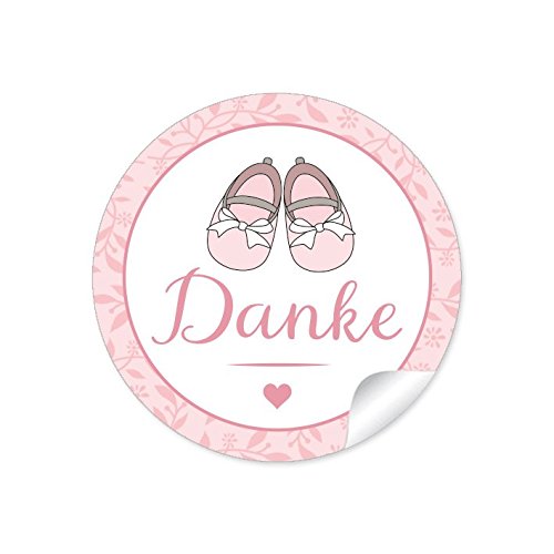 24 STICKER Danke 24 Etiketten mit Babyschühchen für ein Mädchen in rosa Zur Danksagung für Gastgeschenke oder Tischdeko zur Taufe, Geburt Papieraufkleber/Etiketten 4 cm, rund, matt von fioniony