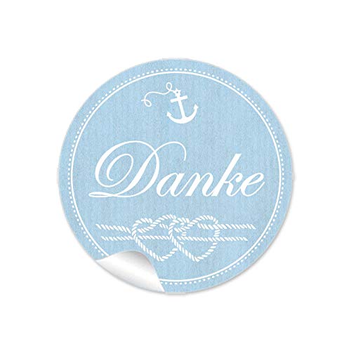 24 STICKER Danke Etiketten mit Anker Herz aus Tau im Maritim Look in Blau als Danksagung für Gläser Verpackungen zur Hochzeit Geburtstag Taufe, 4 cm, rund, matt von fioniony