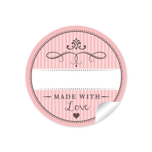 24 STICKER Edle Aufkleber in Rosa mit Herz und Ornamente Made with Love mit Freitextfeld Papieraufkleber Sticker/Etiketten im 4 cm, rund, matt von fioniony