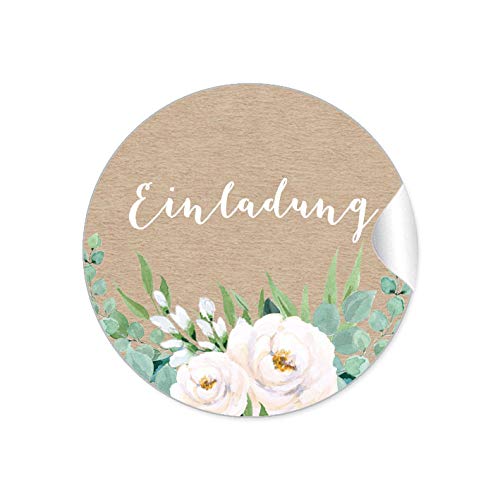 24 STICKER Einladung Etiketten als Siegel BOHO KRAFTPAPIER OPTIK BLÜTEN ROSEN GRÜN ZWEIGE WEIß NATUR Briefumschläge Anhänger oder Postkarten zur Hochzeit Geburtstag Taufe von fioniony