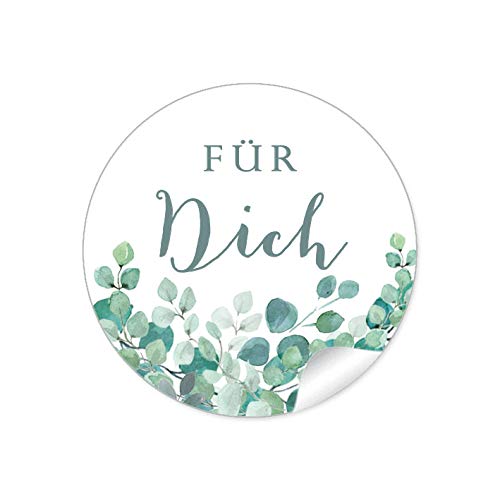 24 STICKER Für Dich Etiketten für ihr Gastgeschenk EUKALYPTUS ZWEIGE GRÜN MINT WEIß als Danksagung für Geschenktüten oder Briefe Geschenke zur Hochzeit Geburtstag Taufe, 4 cm, rund, matt von fioniony