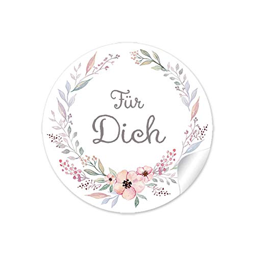 24 STICKER Für Dich PASTELLFARBEN Blütenkranz Gastgeschenke Taufe Geburt Hochzeit Kommunion Konfirmation Hochzeitsmarmelade Geburtstag Tischdeko Selbstgemachtes, Etiketten 4 cm, rund, matt von fioniony