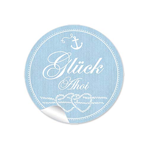 24 STICKER Glück Ahoi Etiketten mit Anker Herz aus Tau im Maritim Look in Blau als Danksagung für Gläser Verpackungen zur Hochzeit Geburtstag Taufe, 4 cm, rund, matt von fioniony