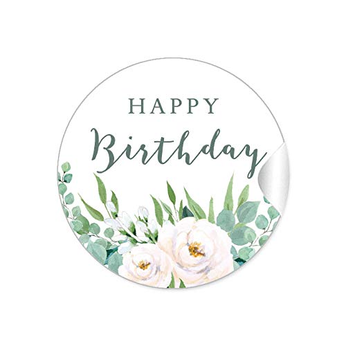 24 STICKER Happy Birthday Etiketten BOHO HIPPIE STYLE ZWEIGE BLÜTEN ROSEN BLÄTTER GRÜN WEIß zum beschriften von Selbstgemachtes, Briefen oder Geschenkverpackungen von fioniony