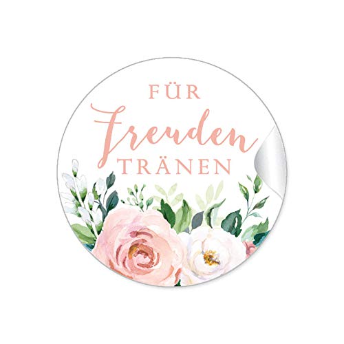 24 STICKER Hochzeit FREUDEN TRÄNEN • BOHO HIPPIE STYLE BLÜTEN ROSEN GRÜN APRICOT ROSA WEIß • Taschentücher Taschentuchverpackung Gastgeschenke Marmelade Deko Selbstgemachtes • 4cm rund matt von fioniony