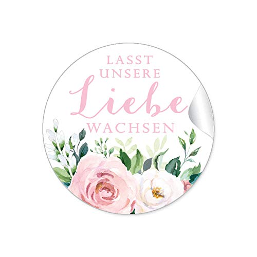 24 STICKER Hochzeit LASST UNSERE LIEBE WACHSEN • BOHO HIPPIE STYLE BLÜTEN ROSEN BLÄTTER GRÜN ROSA WEIß • Samentüten Blumentöpfe Reagenzgläser Gastgeschenk Deko Selbstgemachtes • 4cm rund matt von fioniony