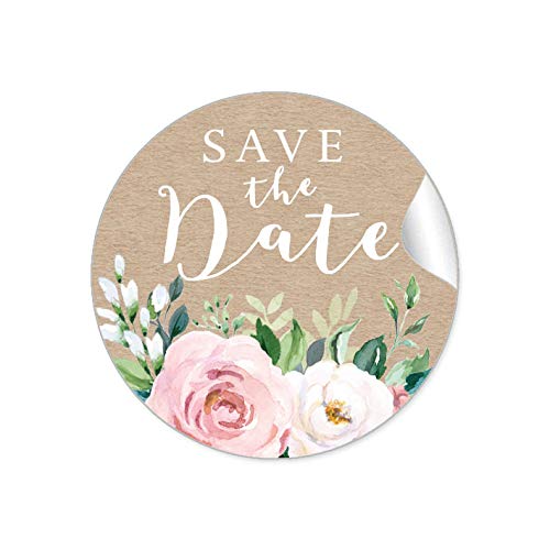 24 STICKER Hochzeit SAVE THE DATE • BOHO KRAFTPAPIER OPTIK BLÜTEN ROSEN GRÜN ZWEIGE ROSA WEIß BRAUN • Gastgeschenk Etiketten Hochzeit Tischdeko Flaschen Tüten Briefe Einladung Geburtstag • 4cm matt von fioniony