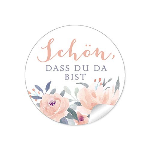 24 STICKER Hochzeit SCHÖN, DASS DU DA BIST • BLÜTEN ROSEN BLAU APRICOT GRAU • Zur Taufe Konfirmation • Gastgeschenke Marmelade Hochzeitsmarmelade Tischdeko Selbstgemachtes u.v.m. • 4cm rund matt von fioniony