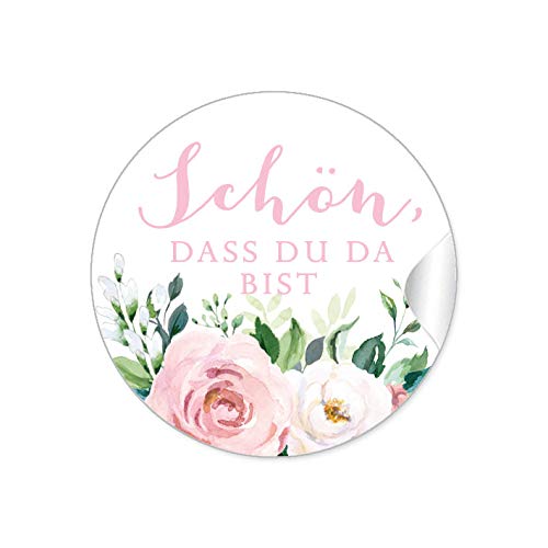 24 STICKER Hochzeit SCHÖN, DASS DU DA BIST • BOHO HIPPIE STYLE BLÜTEN ROSEN BLÄTTER GRÜN ROSA WEIß • Gastgeschenke Marmelade Hochzeitsmarmelade Tischdeko Selbstgemachtes u.v.m. • 4cm rund matt von fioniony