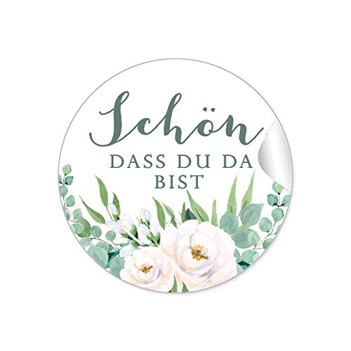 24 STICKER Hochzeit SCHÖN, DASS DU DA BIST • BOHO HIPPIE STYLE ZWEIGE BLÜTEN ROSEN BLÄTTER GRÜN WEIß • Gastgeschenke Marmelade Hochzeitsmarmelade Tischdeko Selbstgemachtes u.v.m. • 4cm rund matt von fioniony