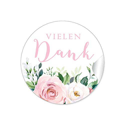 24 STICKER Hochzeit VIELEN DANK • BOHO HIPPIE STYLE BLÜTEN ROSEN BLÄTTER GRÜN ROSA WEIß • Gastgeschenke Marmelade Hochzeitsmarmelade Tischdeko Selbstgemachtes u.v.m. • 4cm rund matt von fioniony