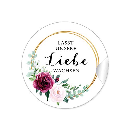 24 STICKER Lasst unsere Liebe wachsen Etiketten als Gastgeschenk Rose rot zwei Ringe in Goldgelb, kein Echtgold, für Samen Tüten Reagenzgläser Blütensamen Hochzeit Geburtstag Taufe, 4 cm, matt von fioniony