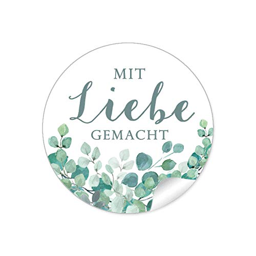 24 STICKER Mit Liebe gemacht Etiketten für ihr Gastgeschenk EUKALYPTUS ZWEIGE GRÜN MINT WEIß zum beschriften von Selbstgemachtes, Briefen oder Geschenkverpackungen, 4 cm, rund, matt von fioniony