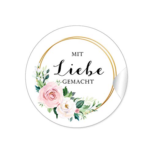 24 STICKER Mit Liebe gemacht Etiketten für ihr Gastgeschenk mit Rosen in Rosa und zwei Ringe in Goldgelb kein Echtgold zum beschriften von Selbstgemachtes Briefen Geschenkverpackungen, 4 cm, matt von fioniony