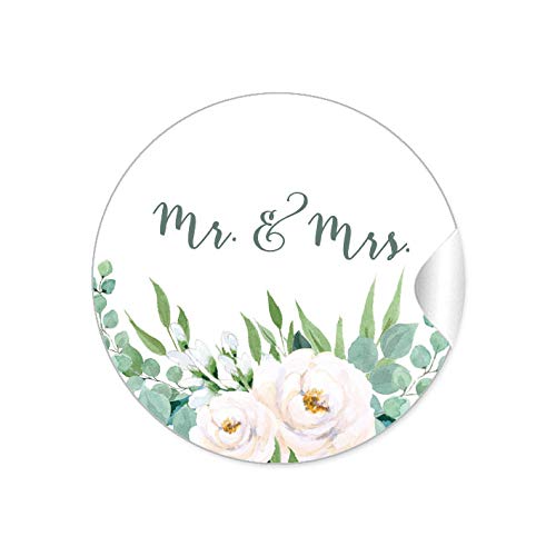 24 STICKER Mr. & Mrs. Etiketten als Dekoration ihrer Hochzeit BOHO HIPPIE STYLE ZWEIGE BLÜTEN ROSEN BLÄTTER GRÜN WEIß für ihre Tischdeko oder Einladungskarten von fioniony