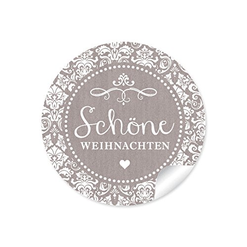 24 STICKER SCHÖNE WEIHNACHTEN Edle Etiketten Retro Vintage Style sand mit Herz und Ornamente für Weihnachtsgebäck, Gastgeschenke, Weihnachtsgeschenke zu Weihnachten. 4 cm, rund, matt von fioniony