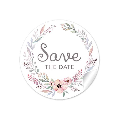 24 STICKER Save the Date Etiketten als Gastgeschenk in PASTELLFARBEN mit Büten als Siegel für Briefumschläge Anhänger oder Briefe zur Hochzeit Geburtstag Taufe, Etiketten 4 cm, rund, matt von fioniony