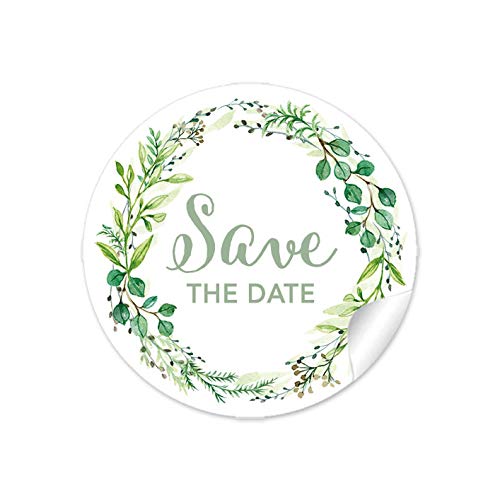 24 STICKER Save the Date Etiketten als Gastgeschenk mit Zweig in Grün als Siegel für Briefumschläge Anhänger oder Briefe zur Hochzeit Geburtstag Taufe, Aufkleber 4 cm, rund, matt von fioniony