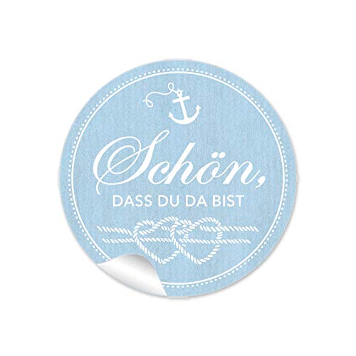 24 STICKER Schön, das du da bist Etiketten mit Anker Herz aus Tau Maritim Look Blau als Danksagung für Geschenktüten oder Briefe zur Hochzeit Geburtstag Taufe, 4 cm, rund, matt von fioniony