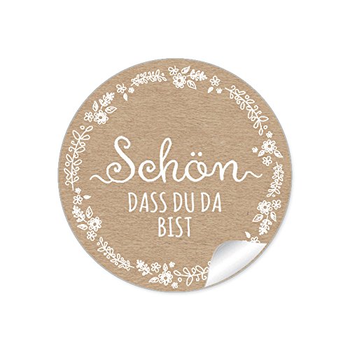 24 STICKER Schön, dass du da bist NATUR Kraftpapier Look im Shabby Chic Style mit weißer Blütenranke, Hochzeitsmarmelade, Gastgeschenke, für Selbstgemachtes. 4 cm, rund, matt von fioniony