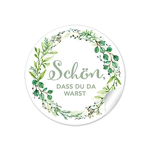 24 STICKER Schön, dass du da warst Etiketten als Gastgeschenk mit Zweig in Grün als Danksagung für Gläser oder Briefe zur Hochzeit Geburtstag Taufe, 4 cm, rund, matt von fioniony