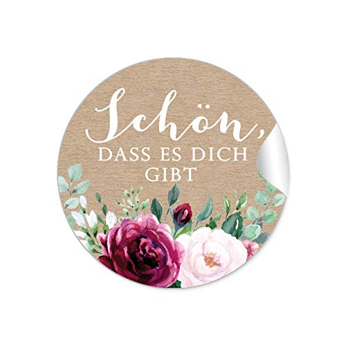 24 STICKER Schön, dass es dich gibt Etiketten als Danksagung BOHO HIPPIE STYLE BLÜTEN ROSEN GRÜN ROT ROSA SCHWARZ Siegel für Briefumschläge Anhänger oder Briefe zur Hochzeit Geburtstag Taufe von fioniony