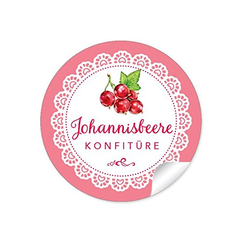 24 STICKER Schöne Marmeladenetiketten für die Küche in weiß/rosa mit illustrierten roten Johannisbeeren Johannisbeere Konfitüre für Hochzeitsmarmelade, Einmachgläser Aufkleber im Format 4 cm, matt von fioniony