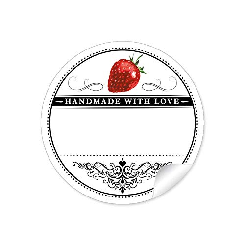 24 STICKER WEIß SCHWARZ ROT mit Erdbeere und Ornamente "Handmade with Love" mit Freitextfeld für Erdbeermarmelade, Saft, Erdbeerlimes, Sirup u.v.m. • Papieraufkleber: 4 cm, rund, matt von fioniony