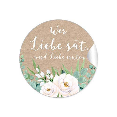 24 STICKER Wer Liebe sät, wird Liebe ernten Etiketten als Gastgeschenk BOHO KRAFTPAPIER OPTIK BLÜTEN ROSEN GRÜN ZWEIGE WEIß NATUR Samen Tüten Reagenzgläser Blütensamen zur Hochzeit Geburtstag von fioniony