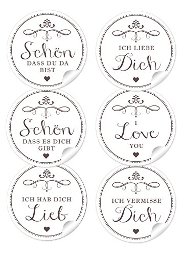 24 STICKER: 24 Etiketten in Weiß mit 6 verschiedene Texten • 4 cm, rund, matt "Schön, dass du da bist" "Schön, dass es Dich gibt" "Ich hab Dich lieb" "Ich liebe Dich" "I love you" "Ich vermisse Dich" von fioniony