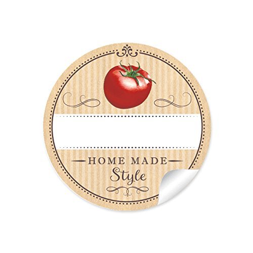 24 STICKER: 24 Schöne Etiketten für die Küche in Natur mit Tomate "Home Made Style" mit Freitextfeld für Soßen Sorte • 4 cm, rund, matt für selbstgemachte Tomatensoße, Saucen, Glasflaschen von fioniony