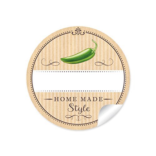 24 STICKER: 24 Schöne Etiketten für die Küche in Natur mit grüner Chili/Peperoni "Home Made Style" mit Freitextfeld • Papieraufkleber 4 cm, rund, matt für Chili, Gewürzdosen, Glasflaschen von fioniony