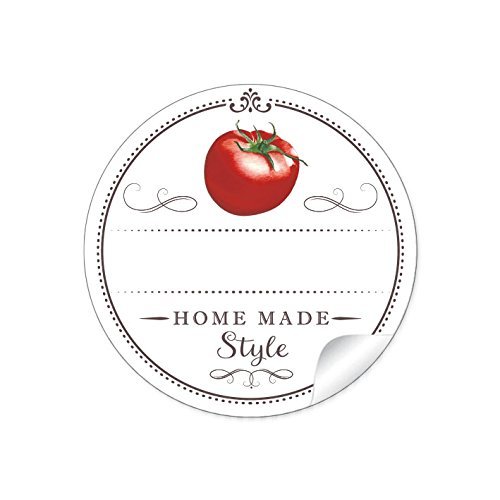 24 STICKER: 24 Schöne Etiketten für die Küche in Weiß mit Tomate "Home Made Style" mit Freitextfeld für Soßen Sorte • 4 cm, rund, matt für selbstgemachte Tomatensoße, Saucen, Glasflaschen von fioniony