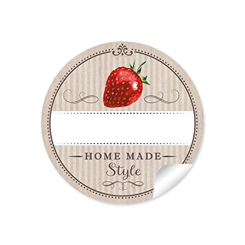 24 STICKER: 24 Schöne Marmeladenetiketten für die Küche in beige mit Erdbeere "Home Made Style" mit Freitextfeld für selbstgemachte Marmelade, Saft, Einmachgläser • Format 4 cm, rund, matt von fioniony