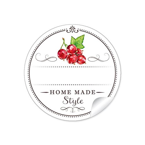 24 STICKER: 24 Schöne Marmeladenetiketten für die Küche in weiß mit Johannisbeeren rot "Home Made Style" mit Freitextfeld für selbstgemachte Marmelade, Marmeladegläser • Format 4 cm, rund, matt von fioniony