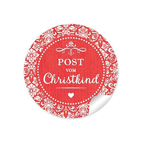 24 STICKER: 24 Weihnachtsaufkleber "POST VOM CHRISTKIND" in ROT mit weißen Ornamenten und Herzchen "Retro Vintage Packpapier Look" zum Dekorieren von Weihnachtsgeschenken 4 cm, rund, matt) von fioniony