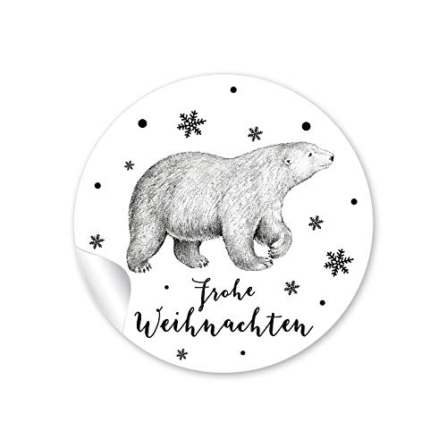 24 STICKER: 24 Weihnachtssticker zu Weihnachten in SCHWARZ WEIß mit Eisbär • "FROHE WEIHNACHTEN" • Papieraufkleber/Sticker/Aufkleber/Etiketten • Format 4 cm, rund, matt von fioniony