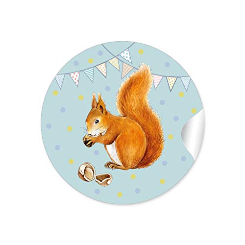 24 STICKER: Aufkleber "WALDTIERE" in Mint mit Girlande und Eichhörnchen für Geschenke zum Kindergeburtstag oder Waldkindergarten • (Format 4 cm, rund, matt) von fioniony