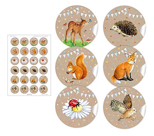 24 STICKER: Aufkleber "WALDTIERE" in Natur mit Girlande und mit 6 Tieren: Käfer, Rehkitz, Fuchs, Igel für Geschenke zum Kindergeburtstag oder Waldkindergarten • (Format 4 cm, rund, matt) von fioniony