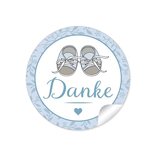 24 STICKER: "Danke" 24 Etiketten mit Babyschühchen für einen Jungen in blau • Zur Danksagung für Gastgeschenke oder Tischdeko zur Taufe u.v.m. • Papieraufkleber/Etiketten: 4 cm, rund, matt von fioniony