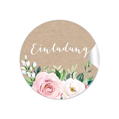 24 STICKER: "Einladung" Etiketten als Siegel • BOHO HIPPIE STYLE ZWEIGE BLÜTEN ROSEN BLÄTTER GRÜN WEIß • für Briefumschläge Anhänger oder Postkarten zur Hochzeit Geburtstag Taufe von fioniony