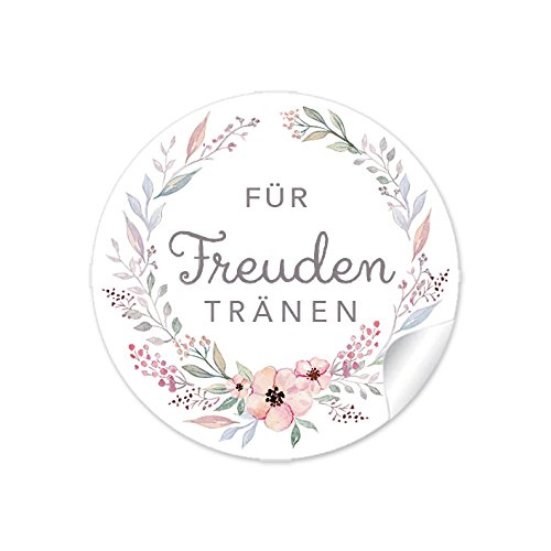 24 STICKER: "Für Freudentränen" in PASTELLFARBEN mit Blütenkranz für Freuden Tränen • Für Taschentücher, Taschentuchverpackung, Gastgeschenke, Hochzeitsmarmelade, Tischdeko • Etiketten: 4 cm, matt von fioniony