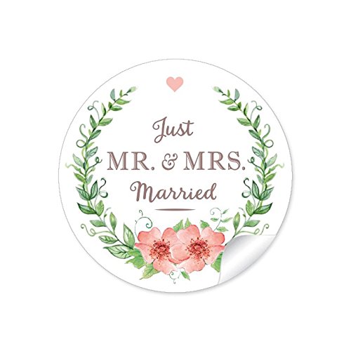 24 STICKER: Hochzeitsaufkleber "MR. & MRS. - Just Married" mit Kranz, Blüten und Herz in grün/apricot im Vintage Style zur Hochzeit • Aufkleber/Etiketten: 4 cm, rund, matt von fioniony