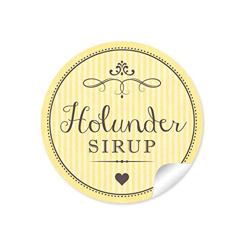 24 STICKER: "Holunder Sirup " 24 Edle Etiketten im "Retro-Vintage-Style" in zartem gelb mit Herz • Format 4 cm, rund, matt für selbst gemachten Holundersirup für Gastgeschenke, Geburtstage, Hochzeit von fioniony