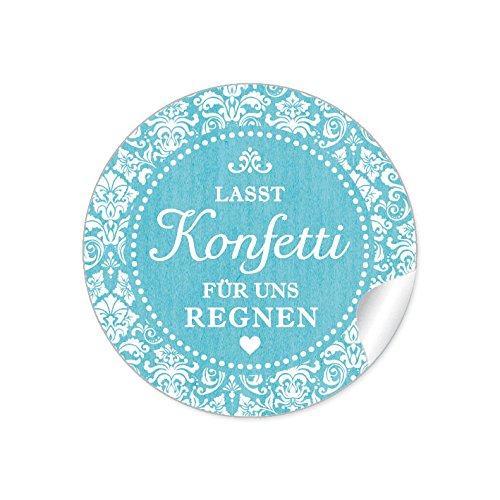 24 STICKER: "Lasst Konfetti für uns regnen" Etiketten im "Retro-Vintage-Style/Shabby-Chic Look" in DUNKEL TÜRKIS mit Ornamenten und Herz für Konfetti-Verpackungen zur Hochzeit • 4 cm, rund, matt von fioniony