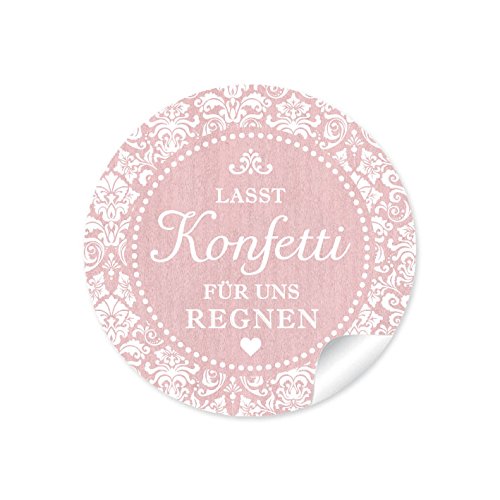 24 STICKER: "Lasst Konfetti für uns regnen" Schöne Etiketten in rosa mit romantischen Ornamenten und Herz für Konfetti-Verpackungen zur Hochzeit • Papieraufkleber: 4 cm, rund, matt von fioniony