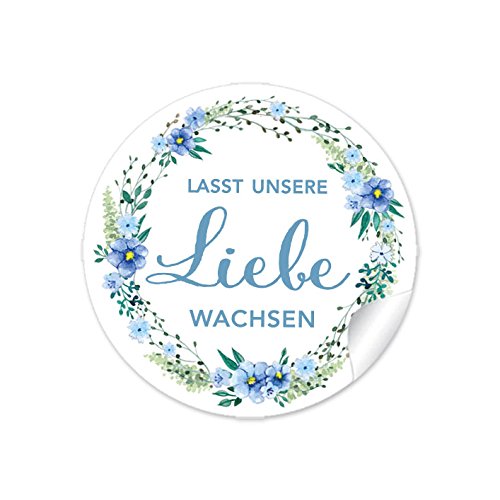 24 STICKER: "Lasst unsere Liebe wachsen" in BLAU GRÜN mit Blütenkranz • Für Gastgeschenke zur Hochzeit z.B. für kleine Samentüten, blumige und niedliche Blumentöpfe, Reagenzgläser • 4 cm, rund, matt von fioniony