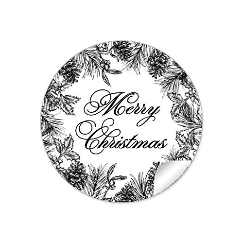 24 STICKER: "MERRY CHRISTMAS" Schöner Weihnachtsaufkleber mit Weihnachtskranz schwarz weiß • Für Weihnachtsgebäck, Gastgeschenke, Weihnachtsgeschenke oder Tischdeko zu Weihnachten • 4 cm, matt von fioniony